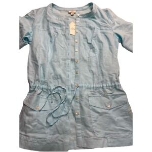 J.Jill Linen Tunic Drawstring SM Pockets Button Up Light Blue Coastal Safari‎
